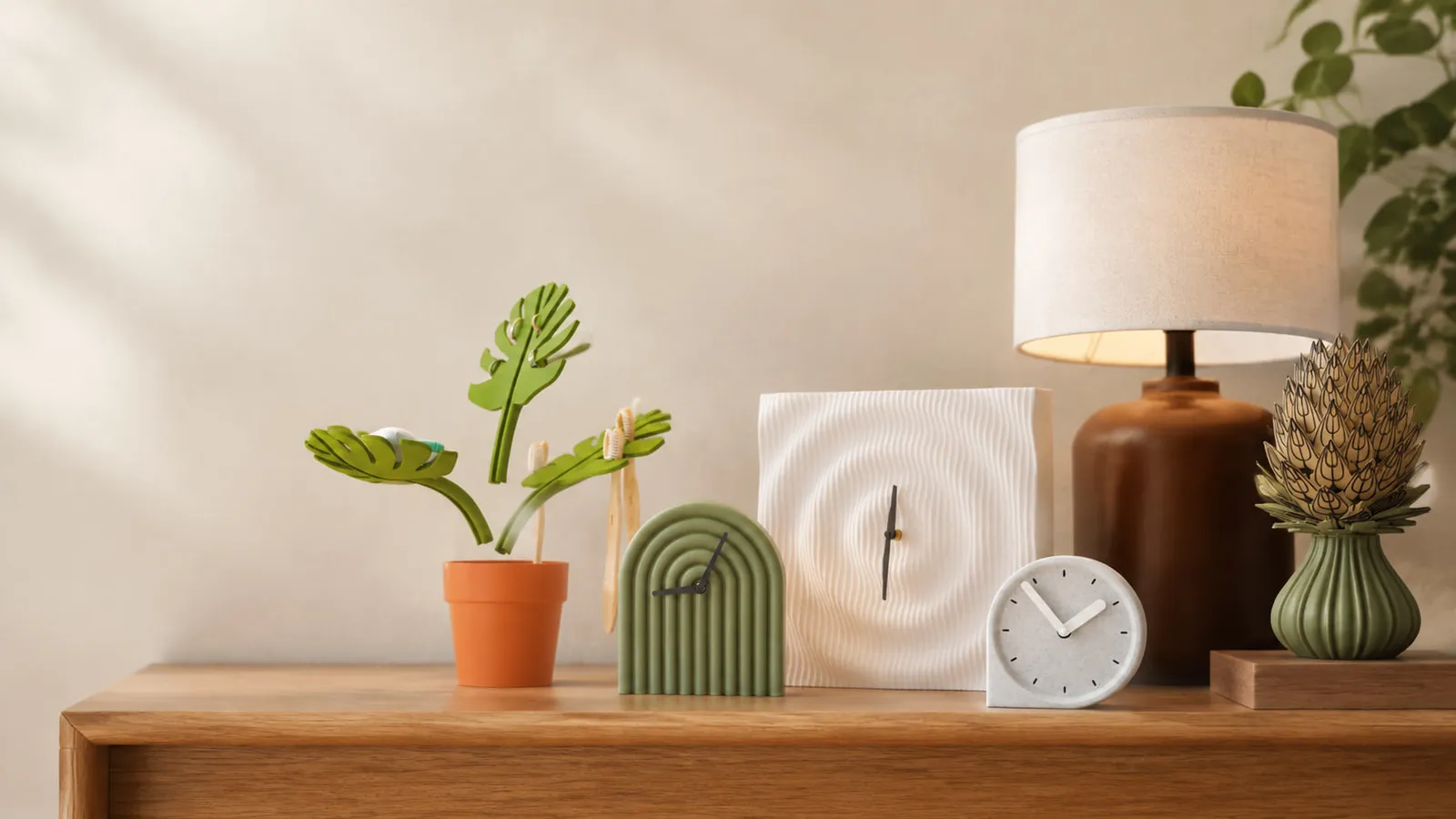 A sage arch clock, ripple wall clock, monstera organiser and petal vase arranged on an oak console