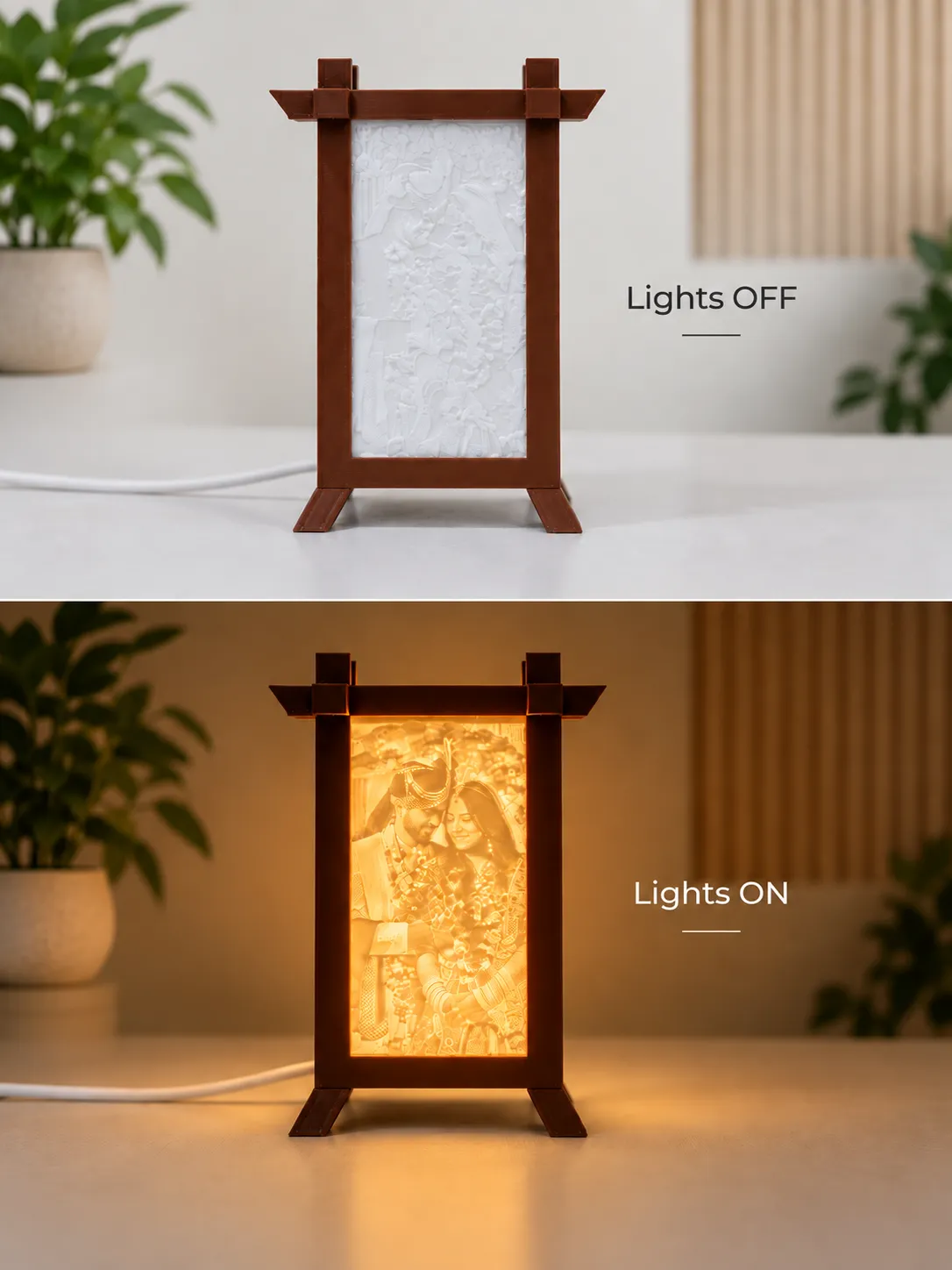 The same lithophane lamp unlit — a white relief panel — and lit, revealing a wedding photograph in warm light