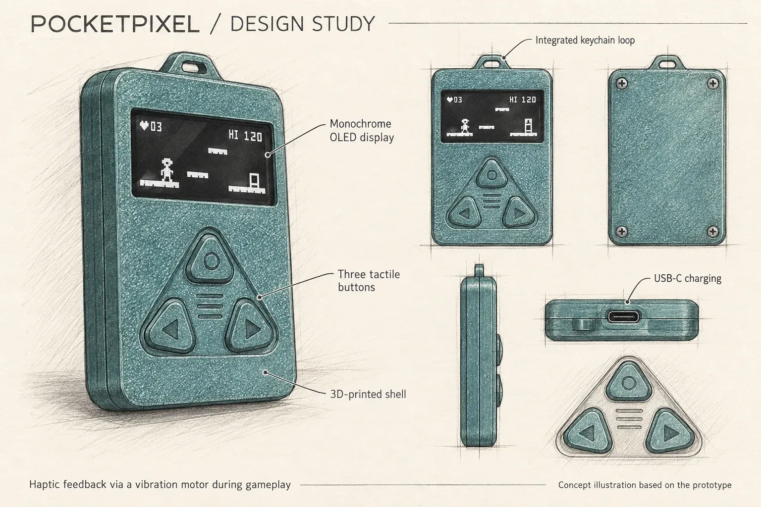 Pencil concept sketches of PocketPixel: keychain loop, OLED screen, triangular button layout and USB-C port