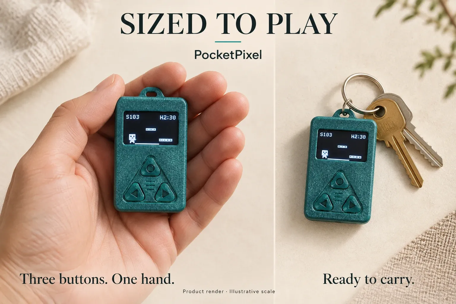 PocketPixel held in one hand, and hanging from a keyring beside two house keys