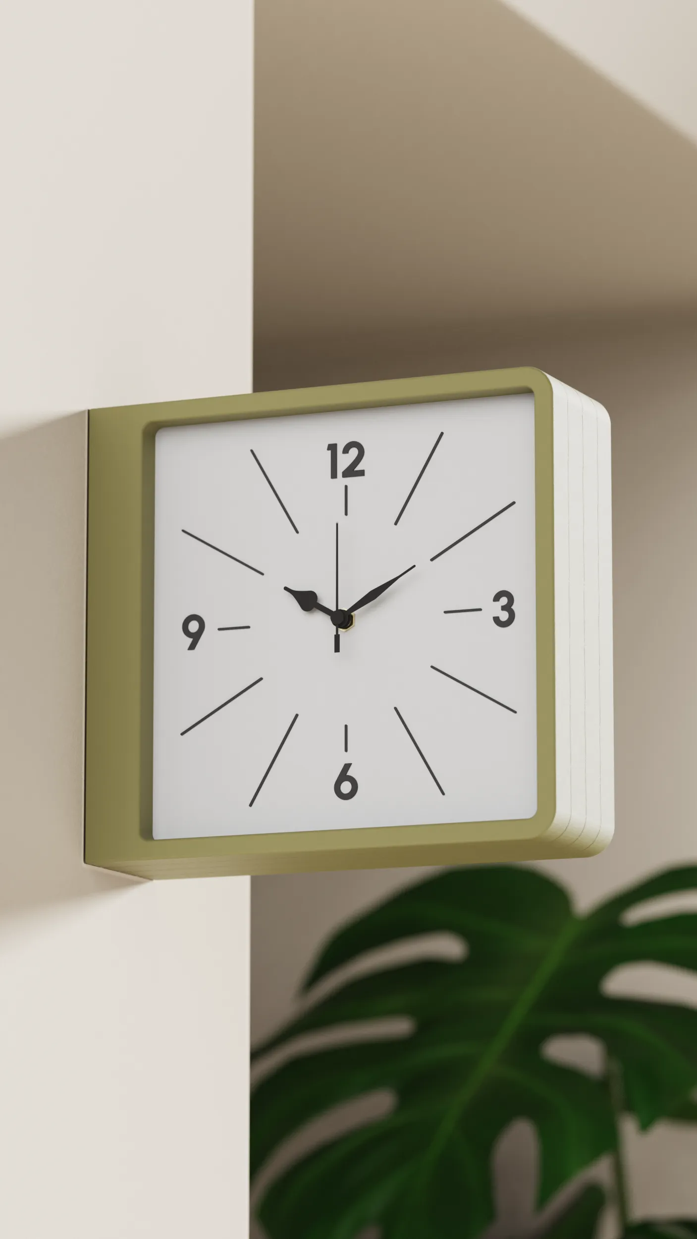 MASU square wall clock in olive green, mounted on a wall